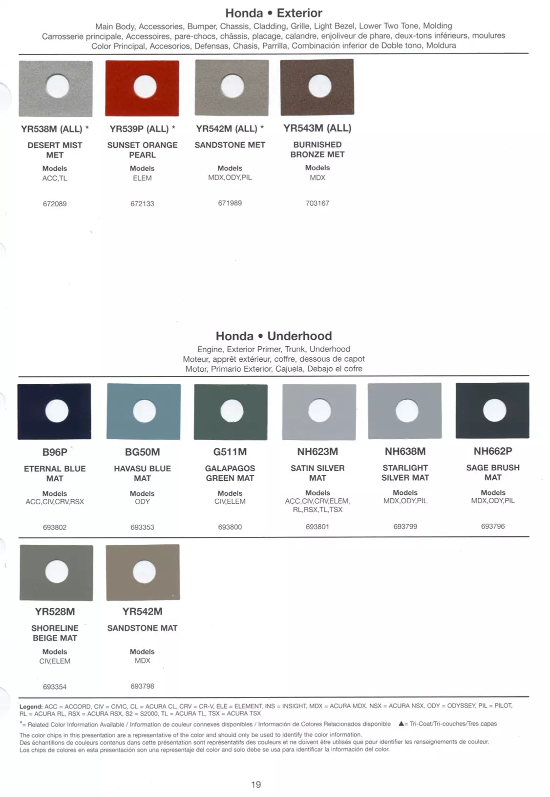 Exterior paint chips and their ordering codes for Honda and Acura Vehicles