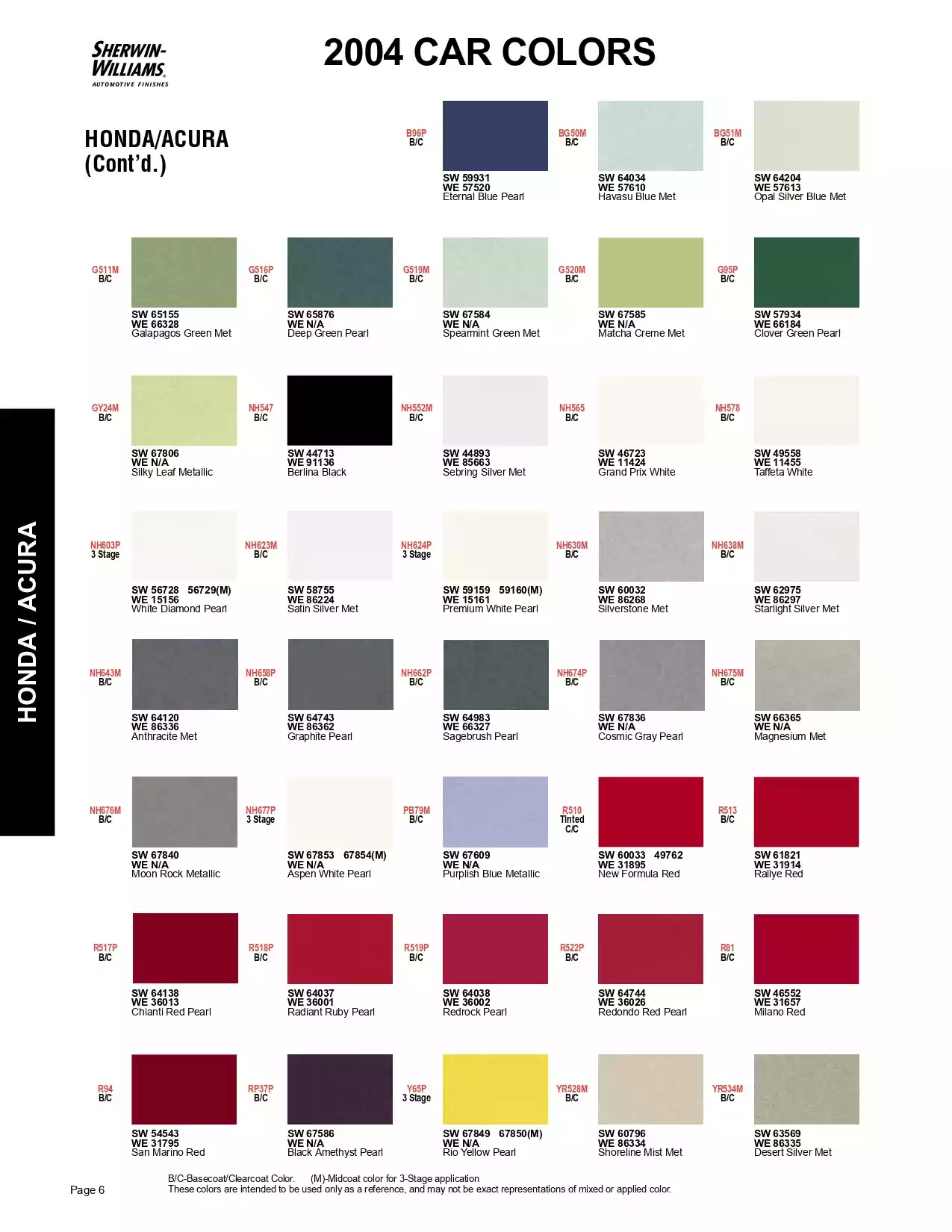 2004 Honda & Acura Paint Codes & Color Chart Paint color examples, their ordering codes, the oem color code, and vehicles the color was used on