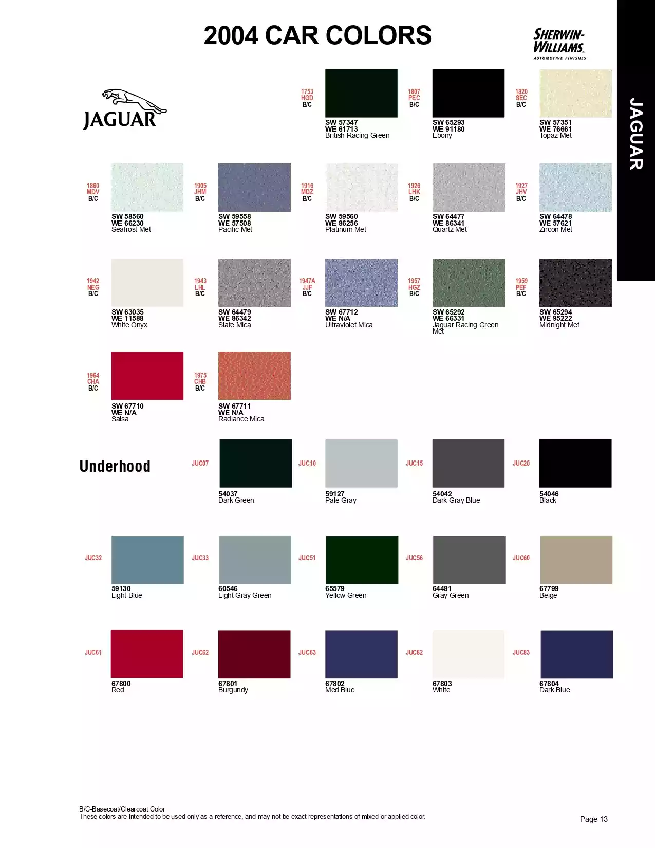 2004 Jaguar Paint Codes & Color Chart Paint color examples, their ordering codes, the oem color code, and vehicles the color was used on