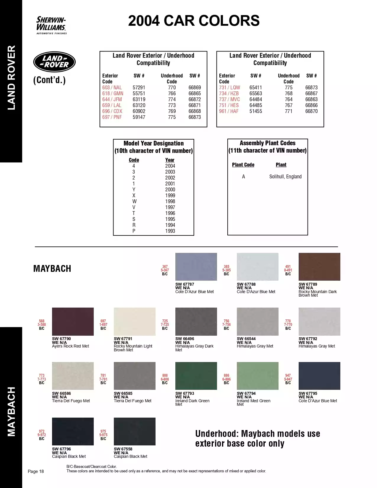 2004 Maybach & Land Rover Paint Codes & Color Chart Paint color examples, their ordering codes, the oem color code, and vehicles the color was used on