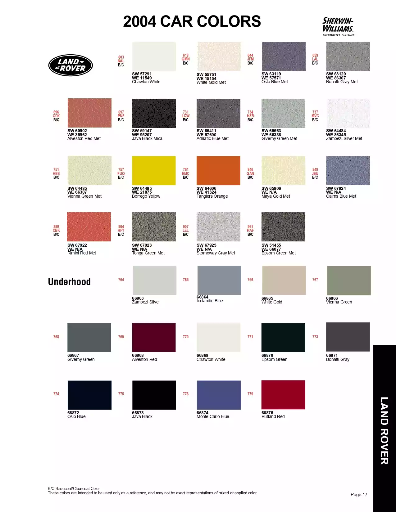 2004 Land Rover Paint Codes & Color Chart Paint color examples, their ordering codes, the oem color code, and vehicles the color was used on