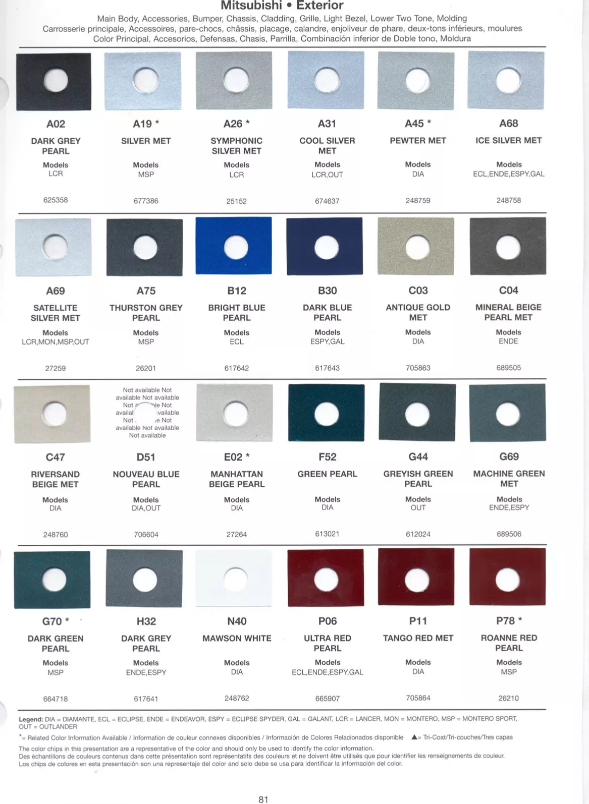 2004 Mitsubishi Paint Codes & Color Chart A paint code chart displaying various color swatches and corresponding codes. This chart is used to identify and select specific paint colors for mixing paint and or buying paint for your Mitsubishi vehicle. There are only so many paints used every year. This chart helps you decide what color it is.