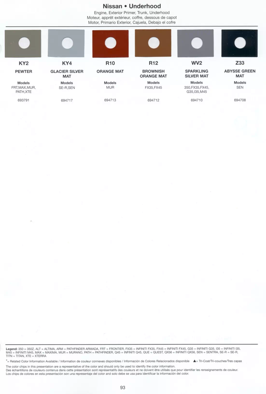 2004 Nissan & Infiniti Paint Codes & Color Chart Exterior paint colors for Nissan and Infiniti vehicles and their ordering codes and stock numbers