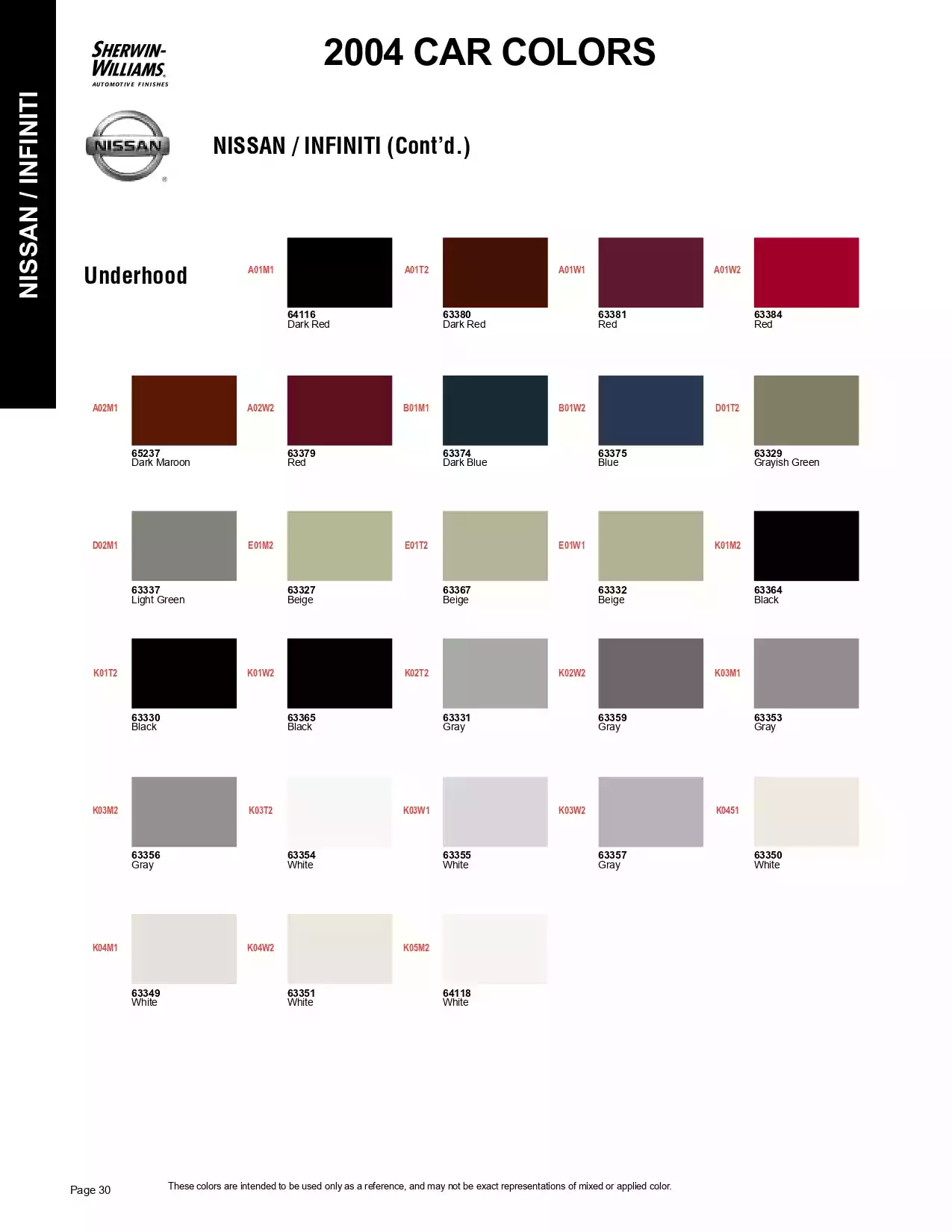2004 Nissan & Infiniti Paint Codes & Color Chart Paint color examples, their ordering codes, the oem color code, and vehicles the color was used on