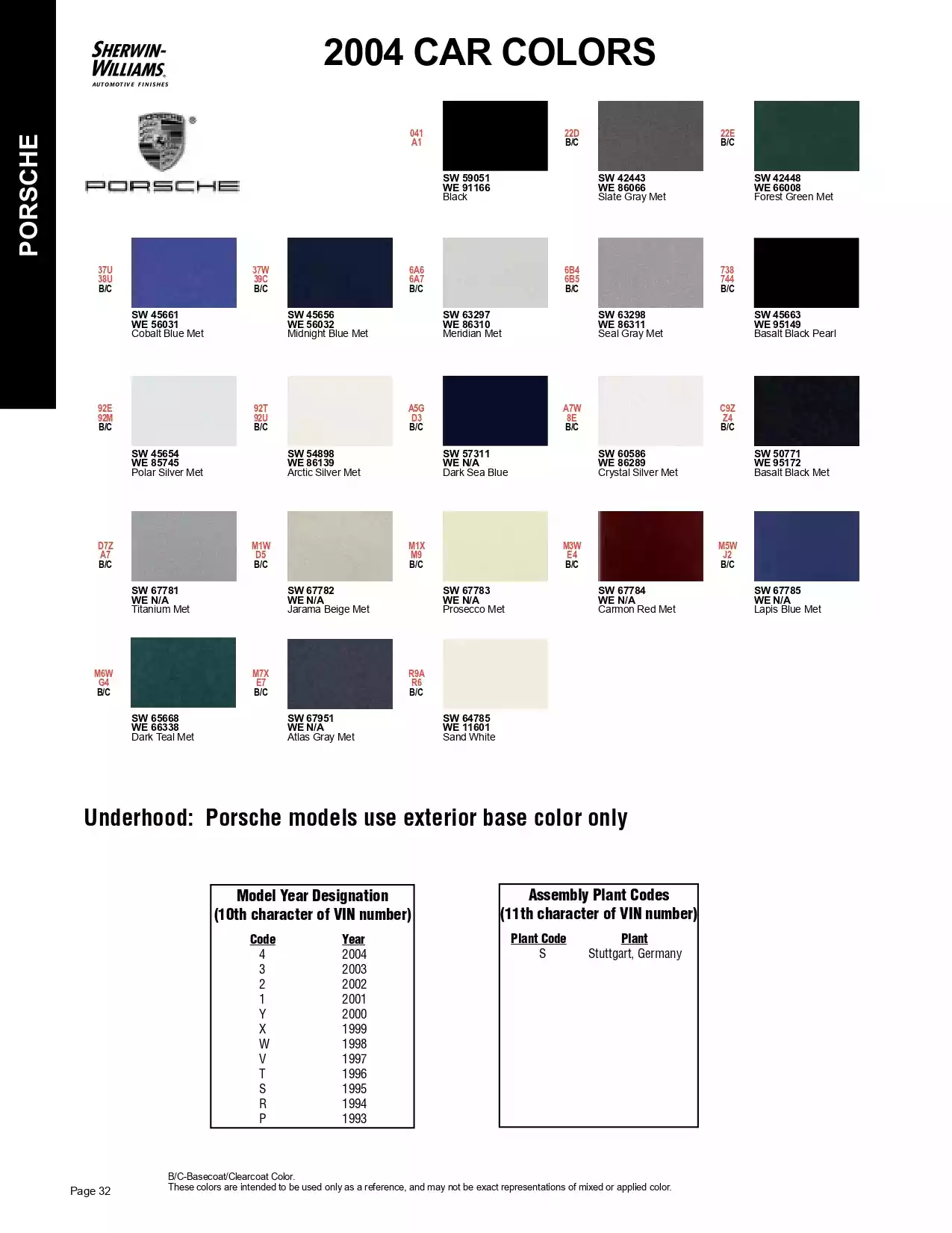 2004 Porsche Paint Codes & Color Chart Paint color examples, their ordering codes, the oem color code, and vehicles the color was used on