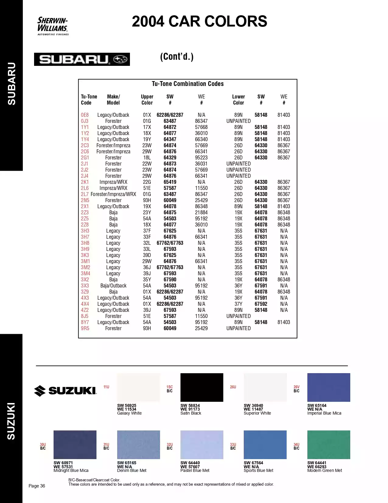 2004 Suzuki Paint Codes & Color Chart Paint color examples, their ordering codes, the oem color code, and vehicles the color was used on