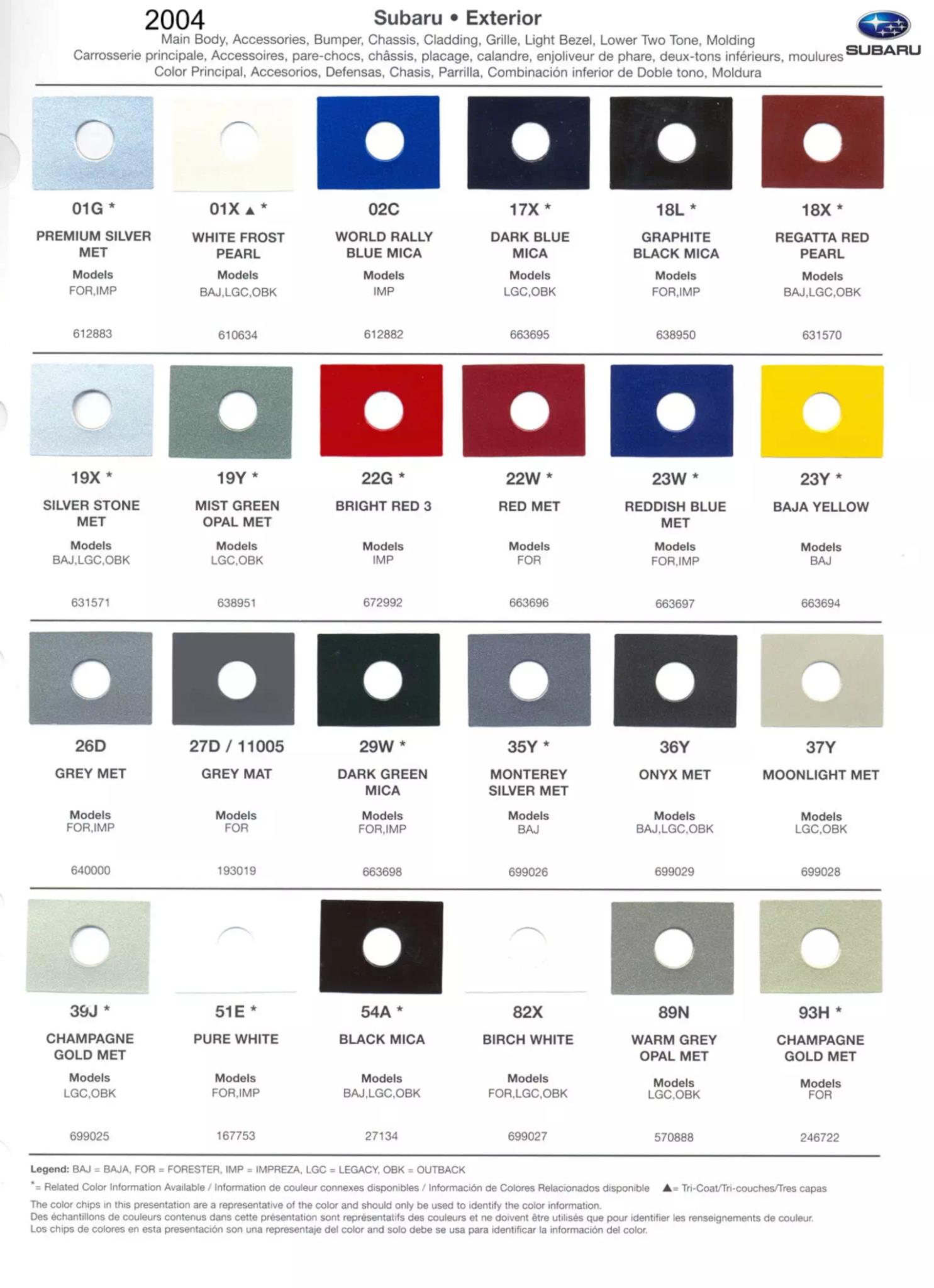 2004 Subaru Paint Chart and color codes Paint Color and Codes Used By Subaru