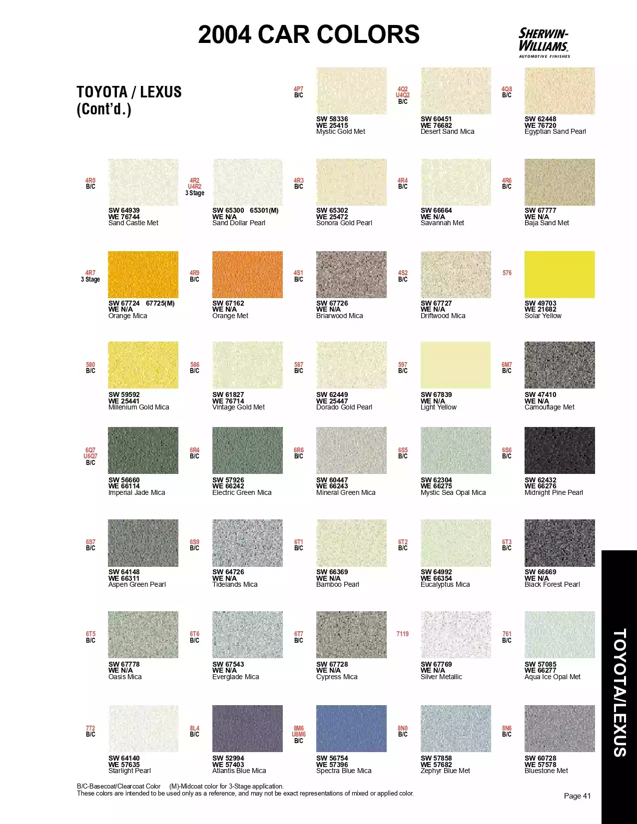 2004 Toyota & Lexus & Scion Paint Codes & Color Chart Paint color examples, their ordering codes, the oem color code, and vehicles the color was used on
