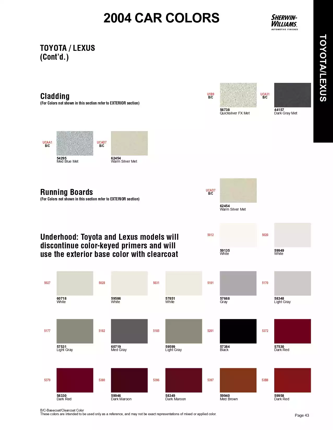 2004 Toyota & Lexus & Scion Paint Codes & Color Chart Paint color examples, their ordering codes, the oem color code, and vehicles the color was used on