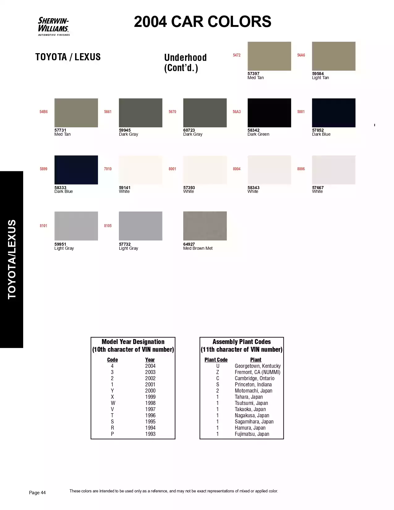 2004 Toyota & Lexus & Scion Paint Codes & Color Chart Paint color examples, their ordering codes, the oem color code, and vehicles the color was used on