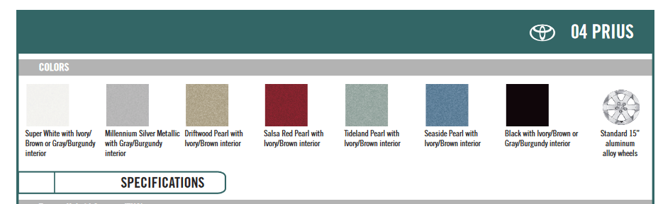 2004 Toyota Prius Paint Chart Exterior Paint Options for the Toyota Prius vehicle