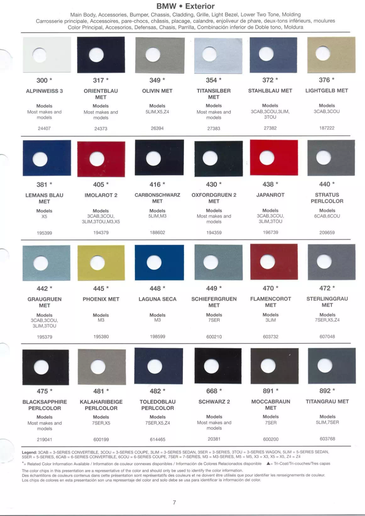 paint charts for main body, underhood and accent colors for 2005 bmw vehicles