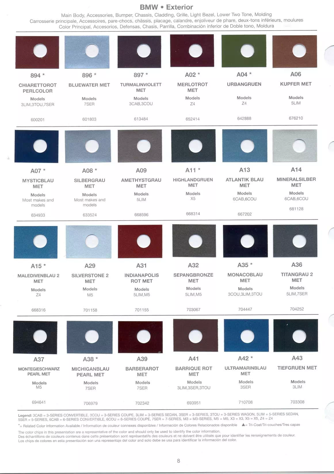 paint charts for main body, underhood and accent colors for 2005 bmw vehicles