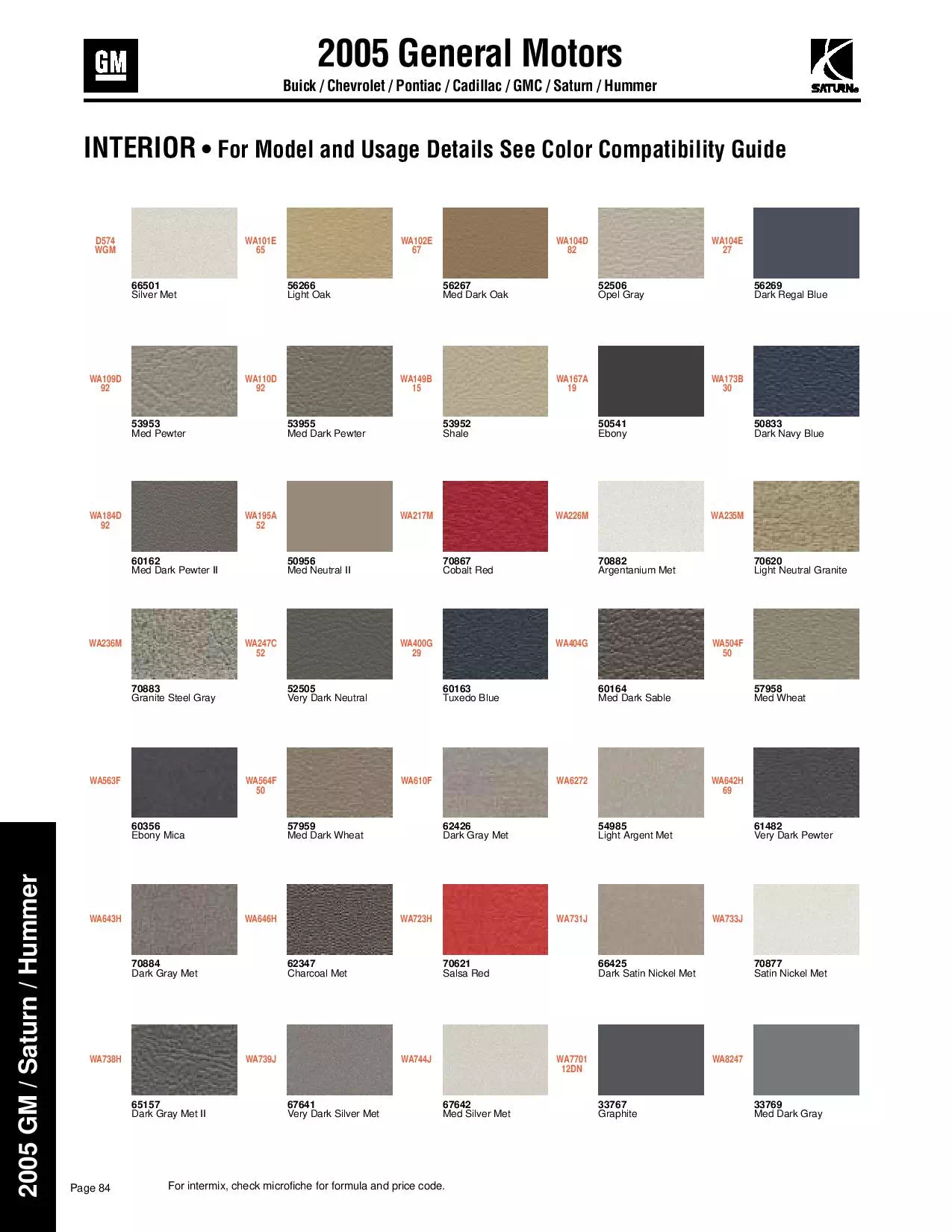 2005 General Motors, Buick, Chevrolet, Pontiac, Cadillac, GMC, Saturn & Hummer Paint Codes & Color Chart Paint color examples, their ordering codes, the oem color code, and vehicles the color was used on