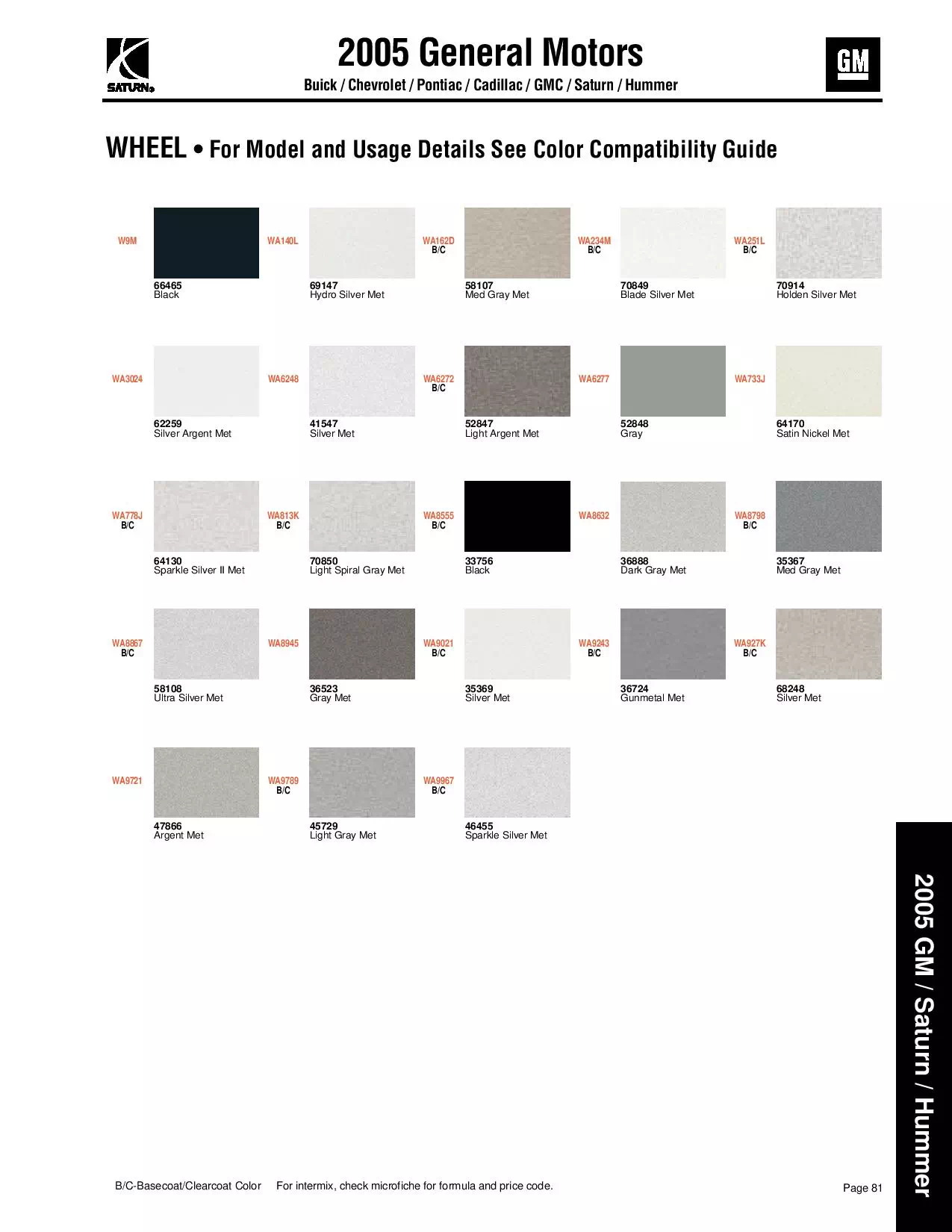 2005 General Motors, Buick, Chevrolet, Pontiac, Cadillac, GMC, Saturn & Hummer Paint Codes & Color Chart Paint color examples, their ordering codes, the oem color code, and vehicles the color was used on