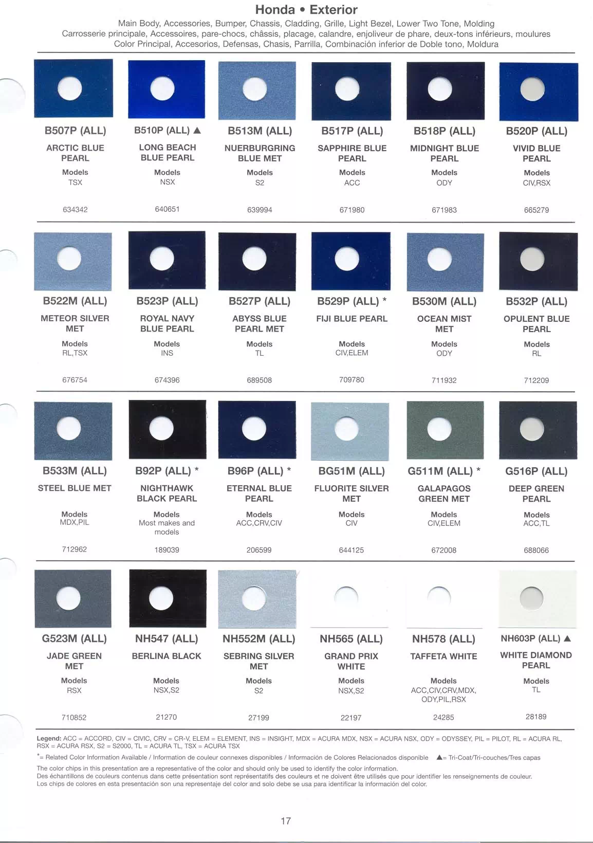 Exterior paint chips and their ordering codes for Honda and Acura Vehicles