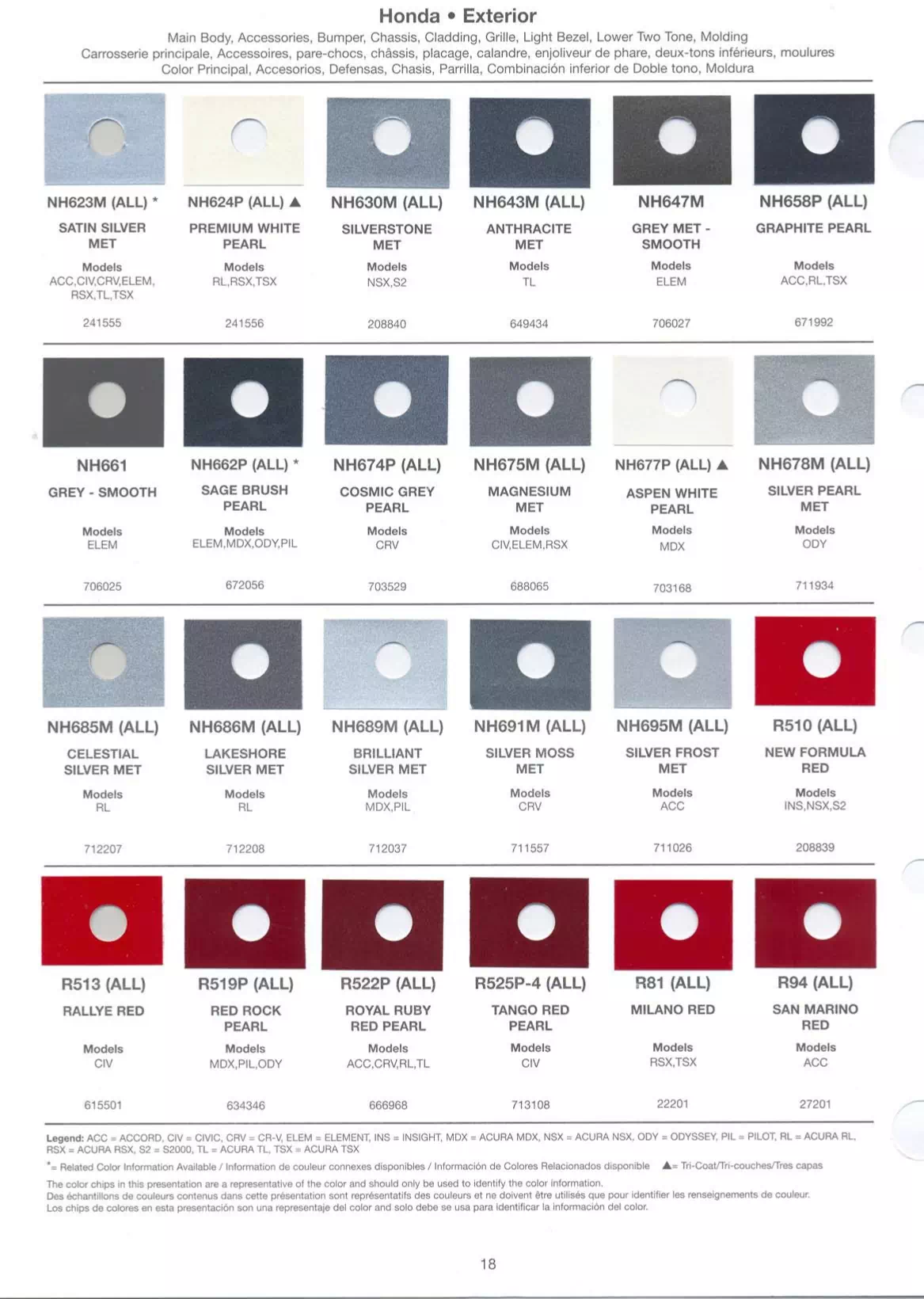 Exterior paint chips and their ordering codes for Honda and Acura Vehicles