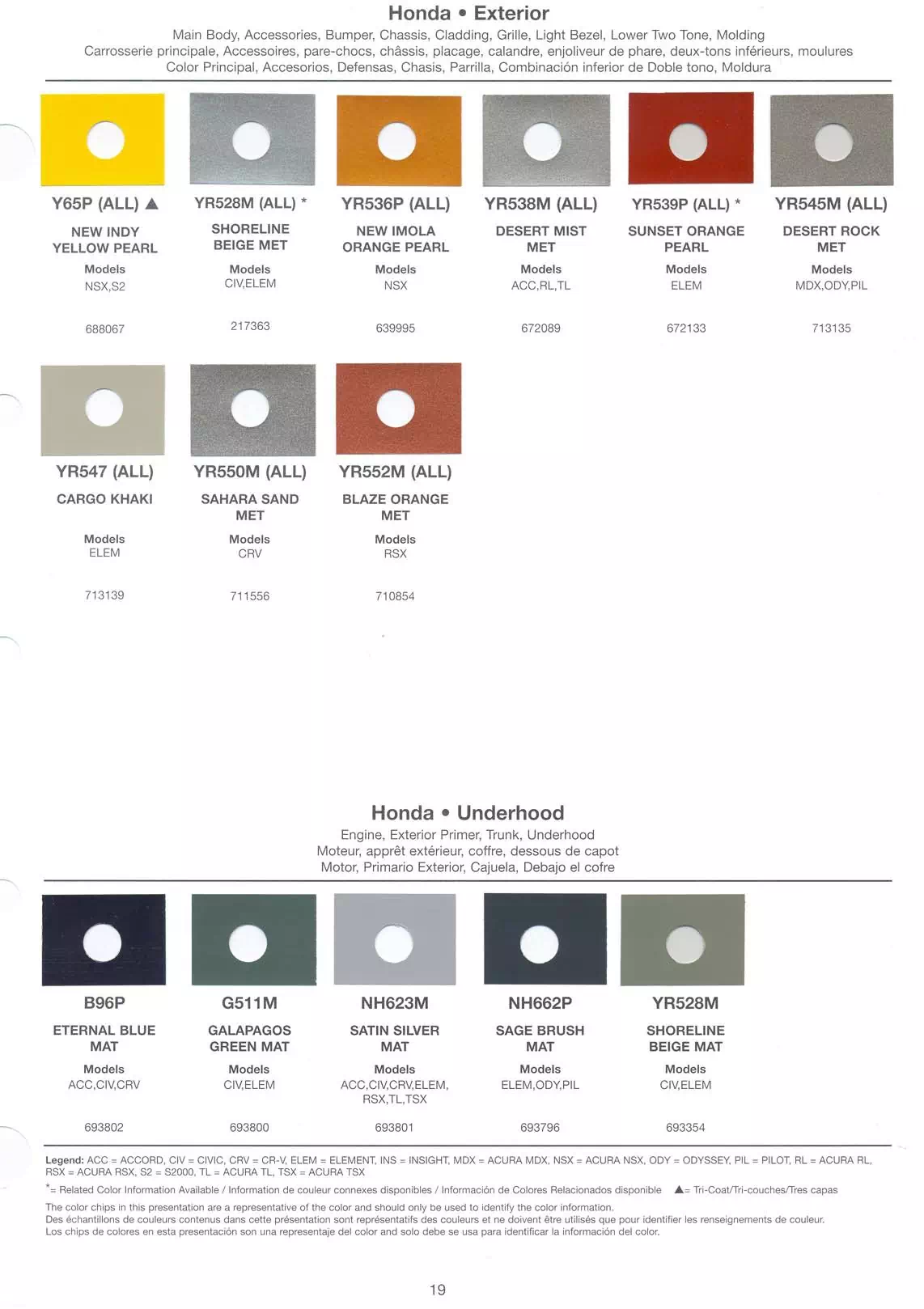 Exterior paint chips and their ordering codes for Honda and Acura Vehicles