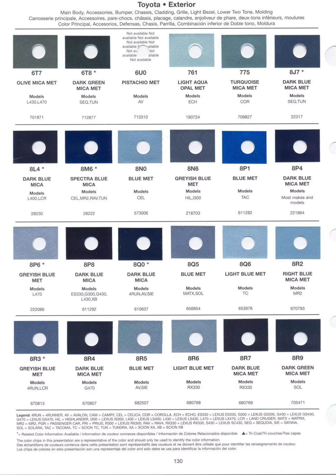 A photo showing Toyota and Lexus paint color examples, their codes and mixing stock numbers