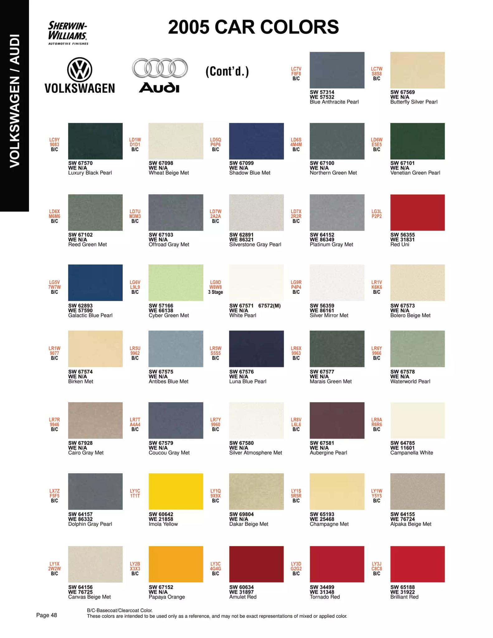2005 Volkswagen & Audi Paint Codes & Color Chart Paint color examples, their ordering codes, the oem color code, and vehicles the color was used on