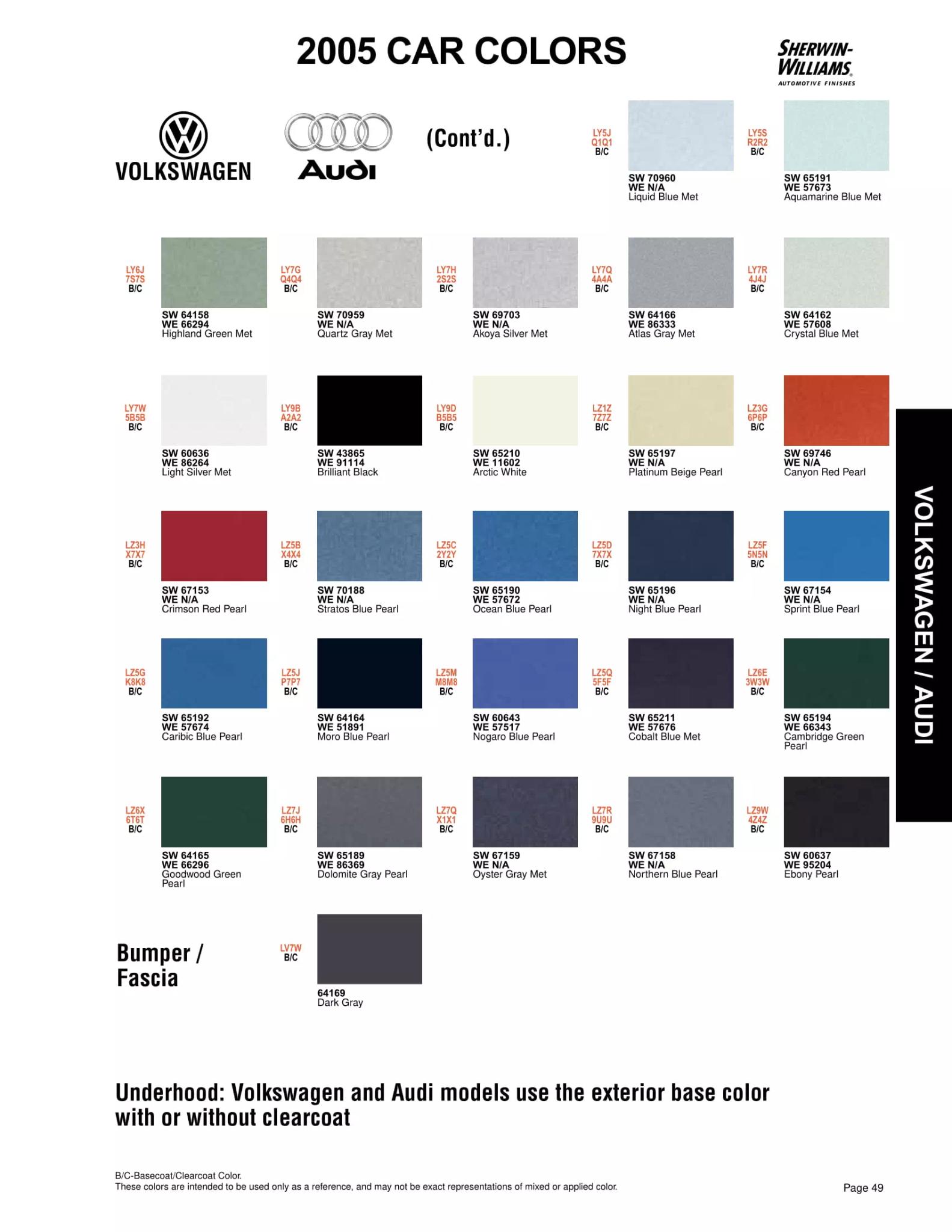 2005 Volkswagen & Audi Paint Codes & Color Chart Paint color examples, their ordering codes, the oem color code, and vehicles the color was used on