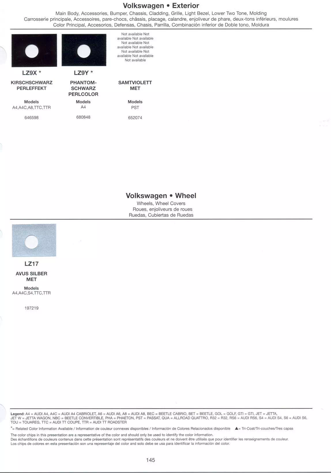 Wheel and Exterior Paint Colors used on Volkswagen and Audi in 2005