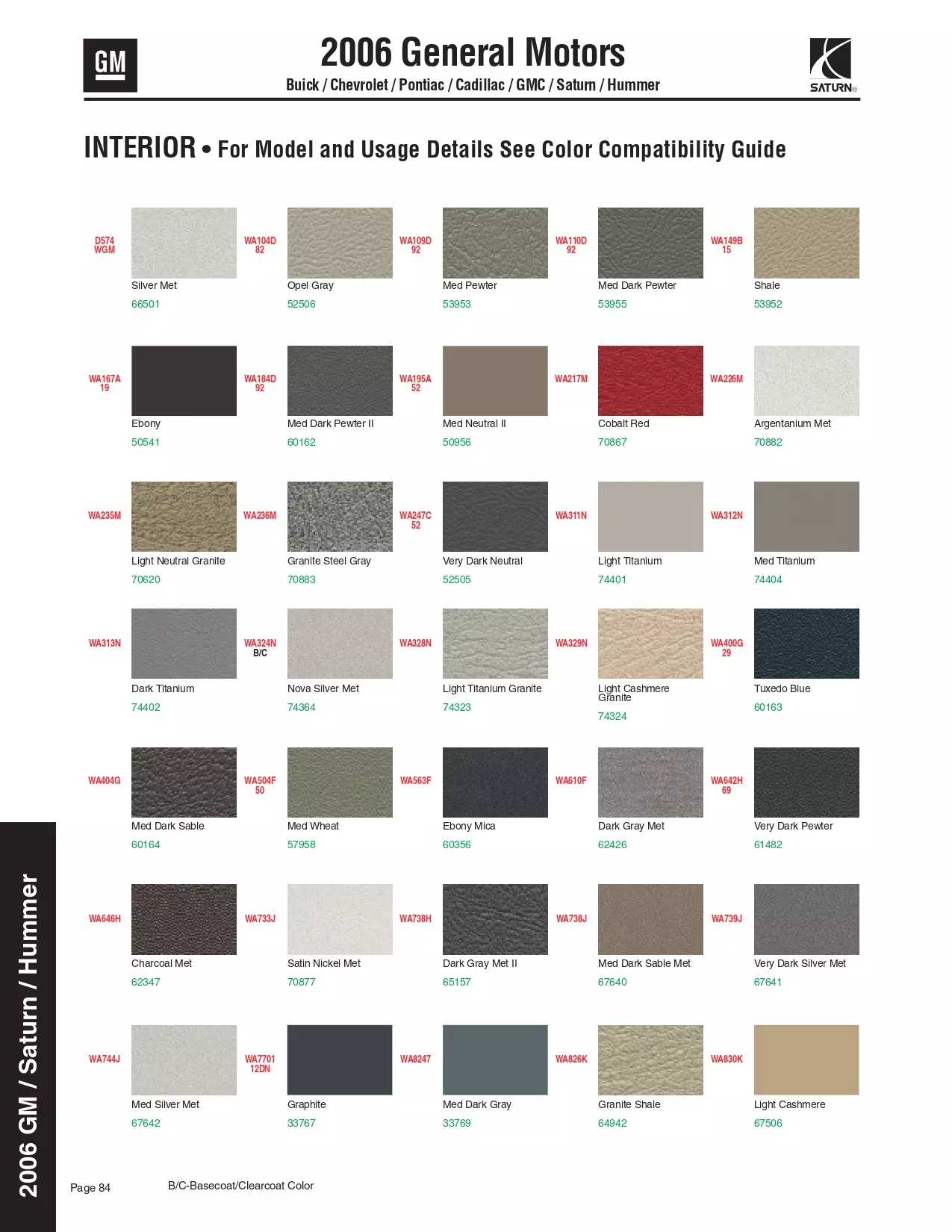 2006 General Motors, Buick, Cadillac, Chevrolet, Saturn, Hummer & GMC Paint Codes & Color Chart Paint color examples, their ordering codes, the oem color code, and vehicles the color was used on