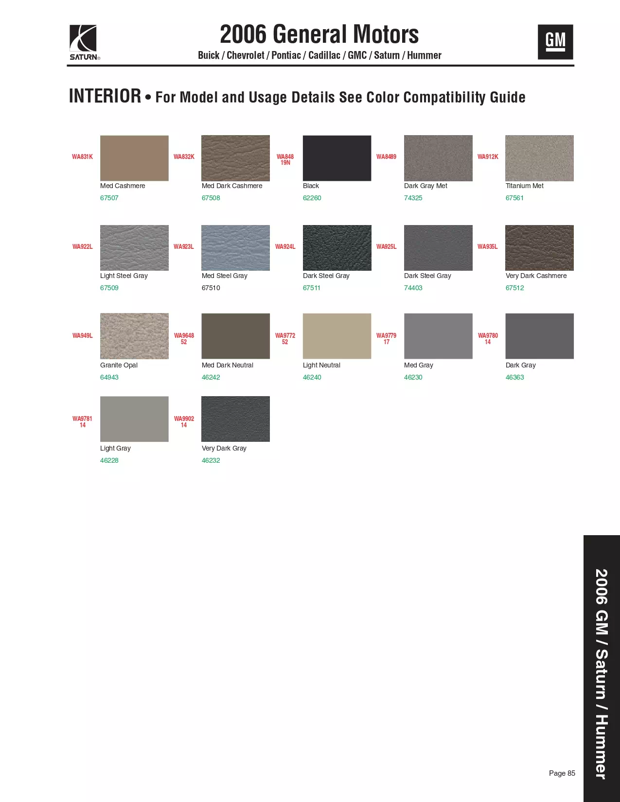2006 General Motors, Buick, Cadillac, Chevrolet, Saturn, Hummer & GMC Paint Codes & Color Chart Paint color examples, their ordering codes, the oem color code, and vehicles the color was used on