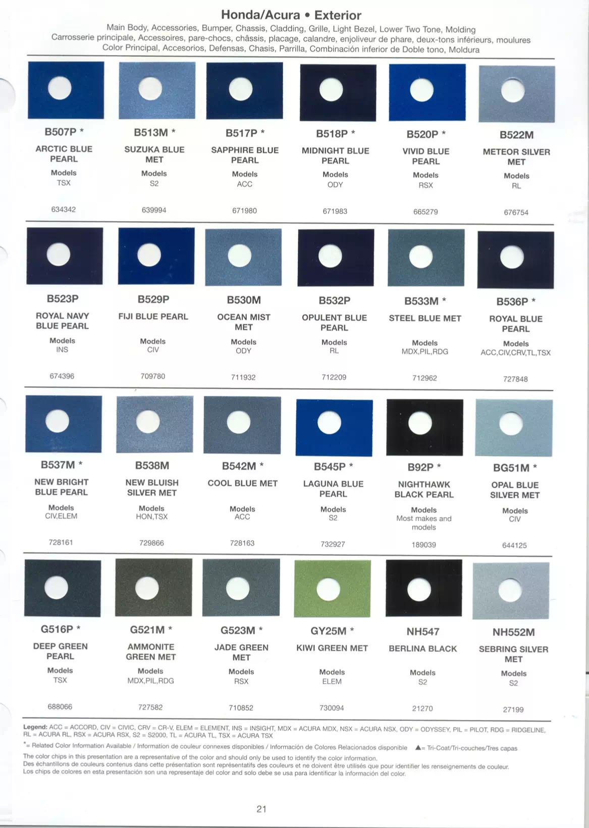 Exterior paint chips and their ordering codes for Honda and Acura Vehicles