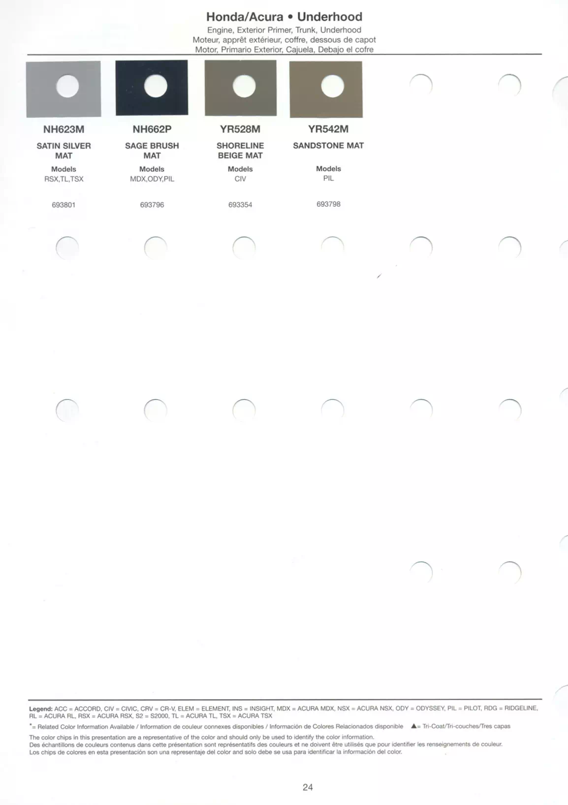 Exterior paint chips and their ordering codes for Honda and Acura Vehicles