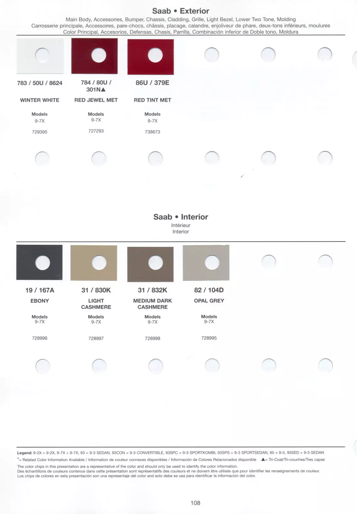 Paint chips of exterior paint colors for Saab vehicles and their ordering paint codes