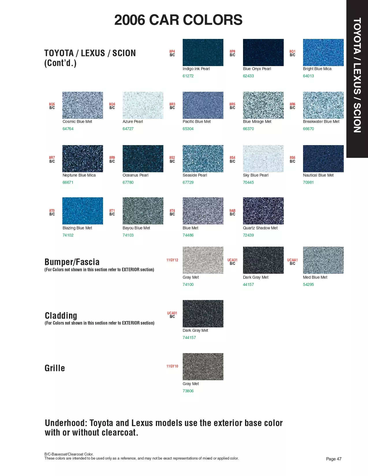 2006 Scion, Toyoto & Lexus Paint Codes & Color Chart Paint color examples, their ordering codes, the oem color code, and vehicles the color was used on