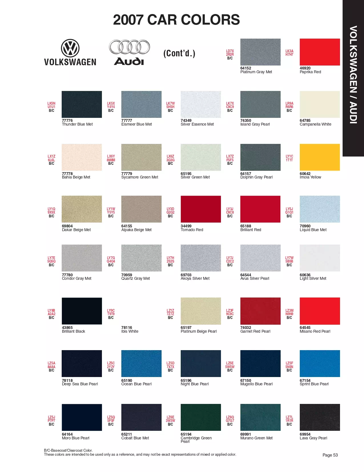 2007 Volkswagen & Audi Paint Codes & Color Chart Paint color examples, their ordering codes, the oem color code, and vehicles the color was used on