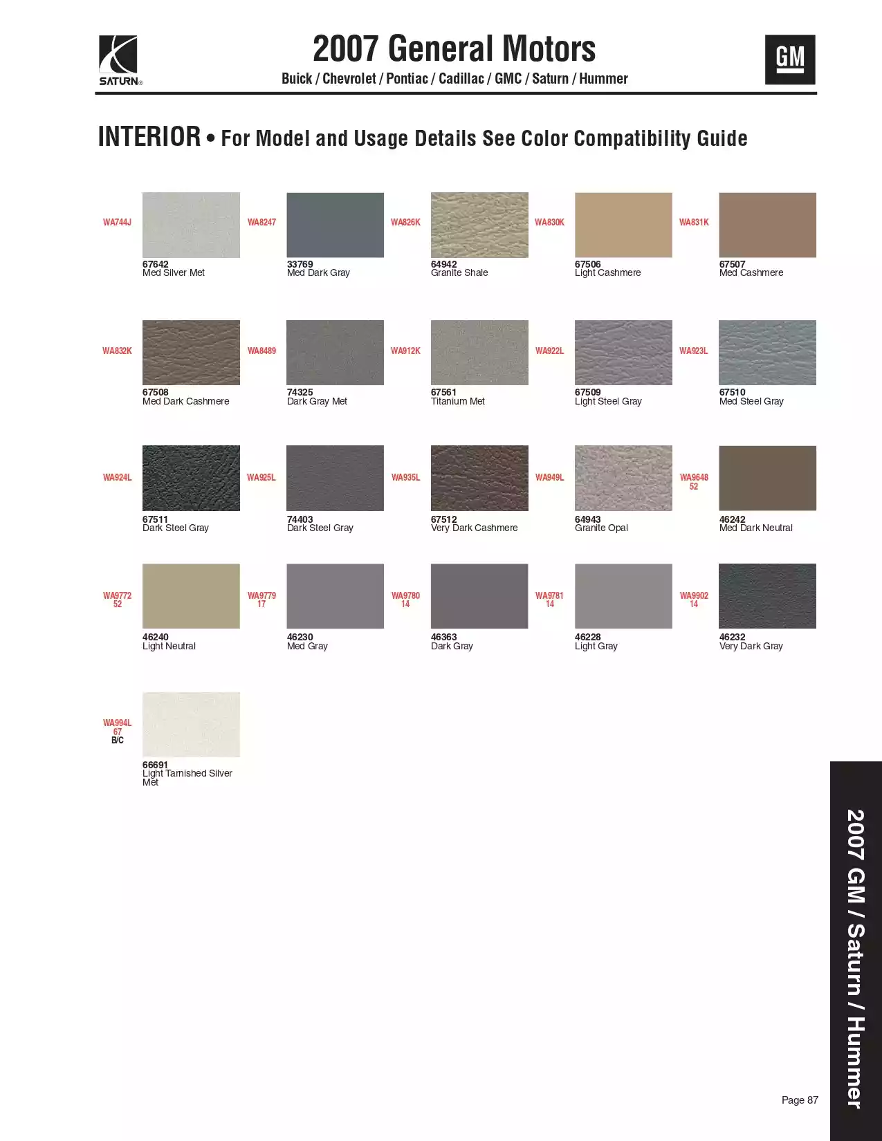 2007 General Motors Buick, Chevrolet, Pontiac, Cadillac, GMC, Saturn, & Hummer Paint Codes and Color Charts Paint color examples, their ordering codes, the oem color code, and vehicles the color was used on