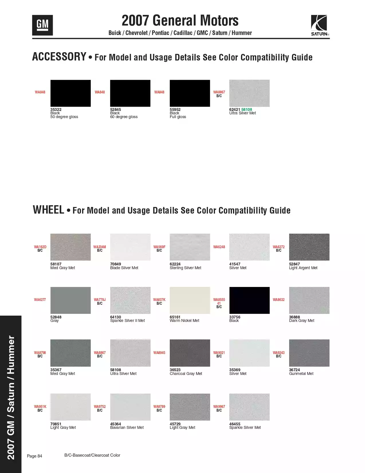 2007 General Motors Buick, Chevrolet, Pontiac, Cadillac, GMC, Saturn, & Hummer Paint Codes and Color Charts Paint color examples, their ordering codes, the oem color code, and vehicles the color was used on