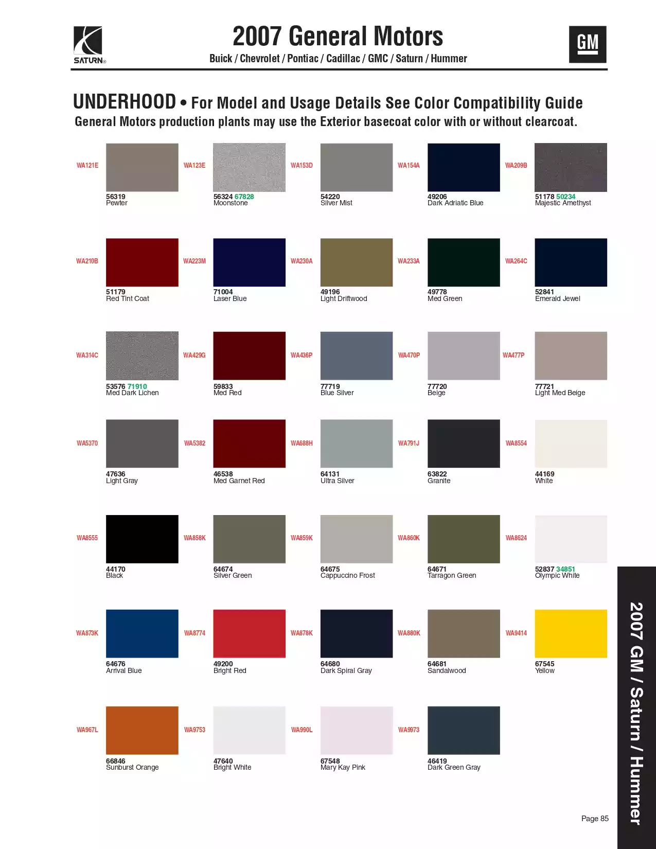 2007 General Motors Buick, Chevrolet, Pontiac, Cadillac, GMC, Saturn, & Hummer Paint Codes and Color Charts Paint color examples, their ordering codes, the oem color code, and vehicles the color was used on