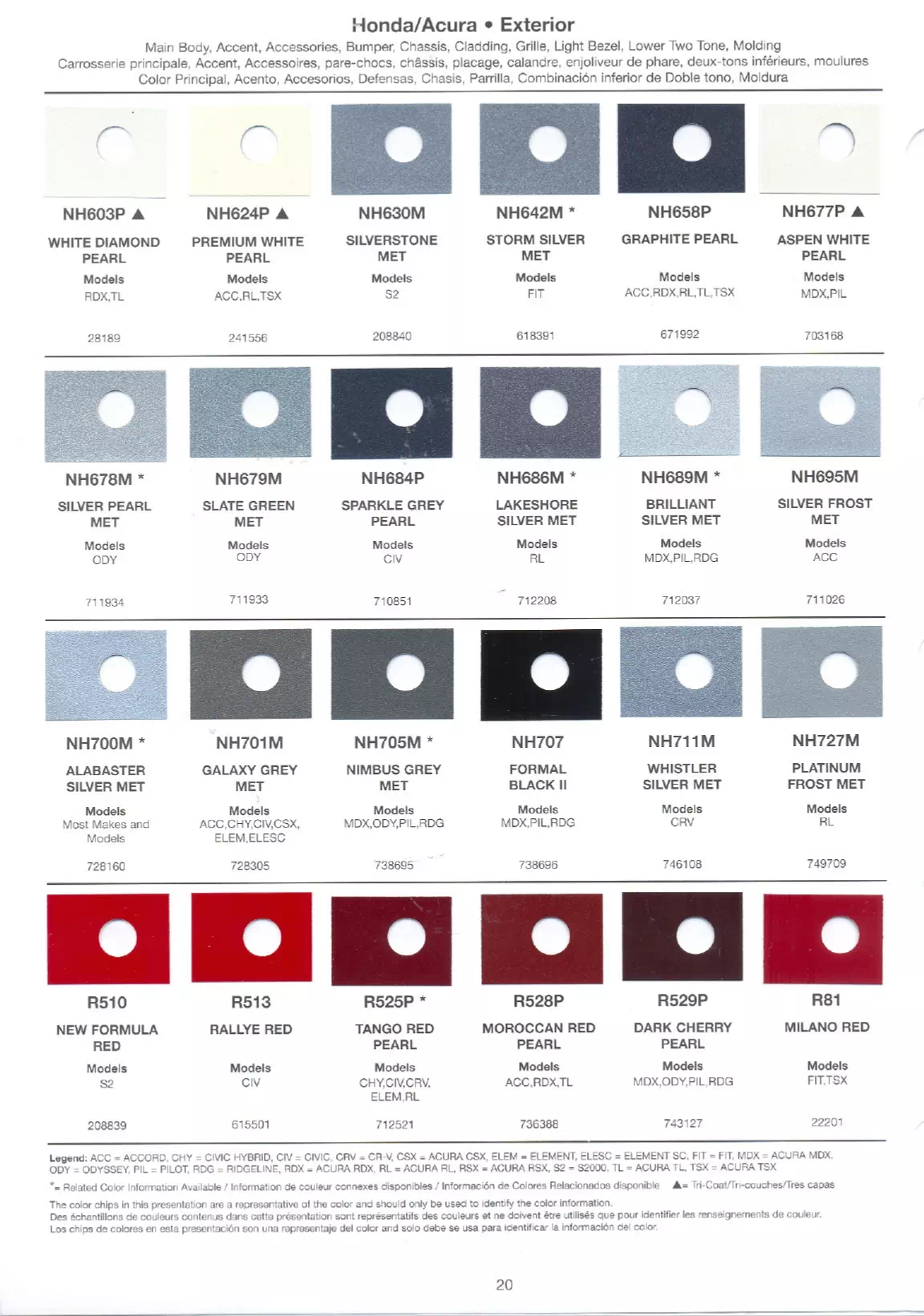 Exterior paint chips and their ordering codes for Honda and Acura Vehicles