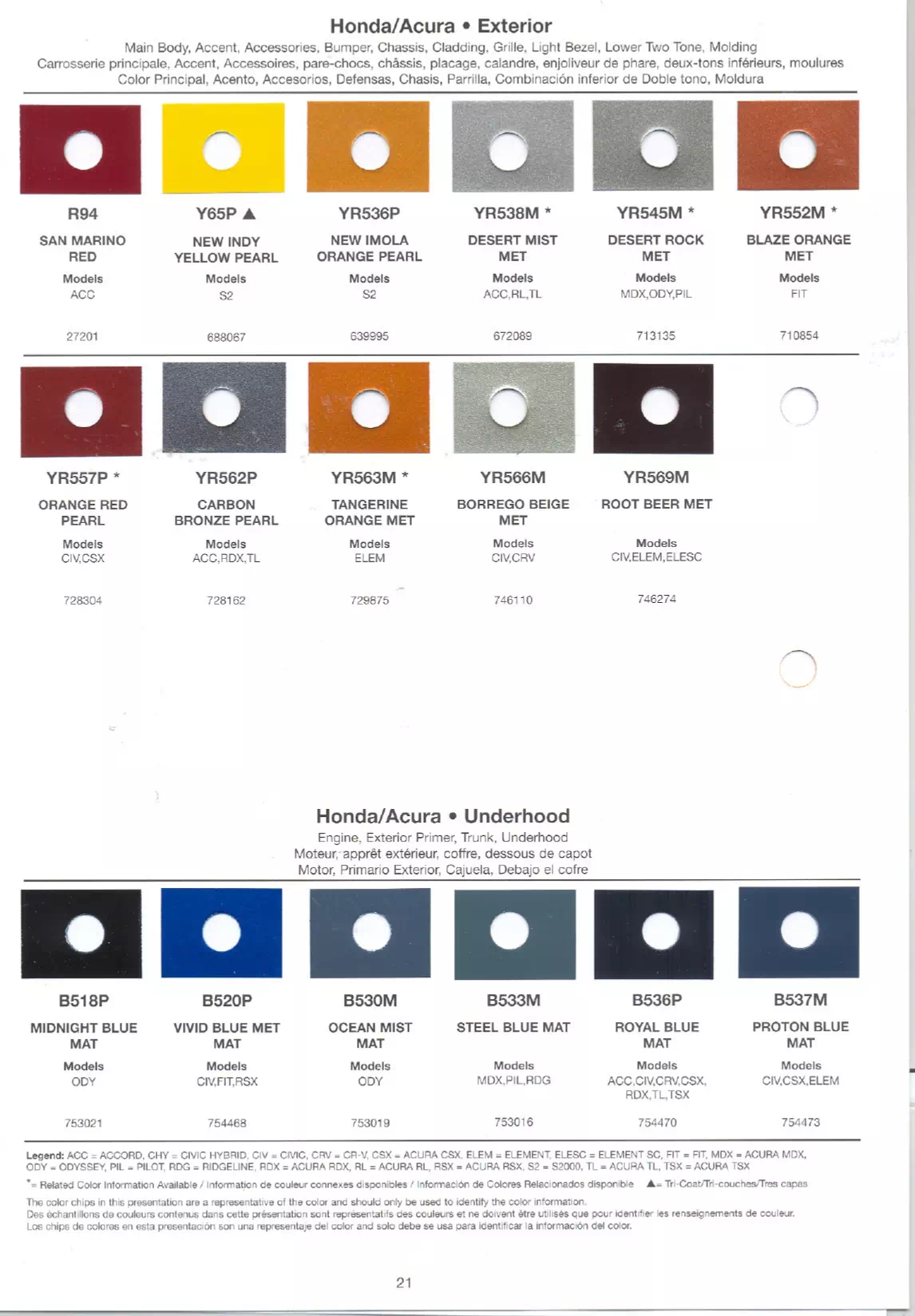 Exterior paint chips and their ordering codes for Honda and Acura Vehicles