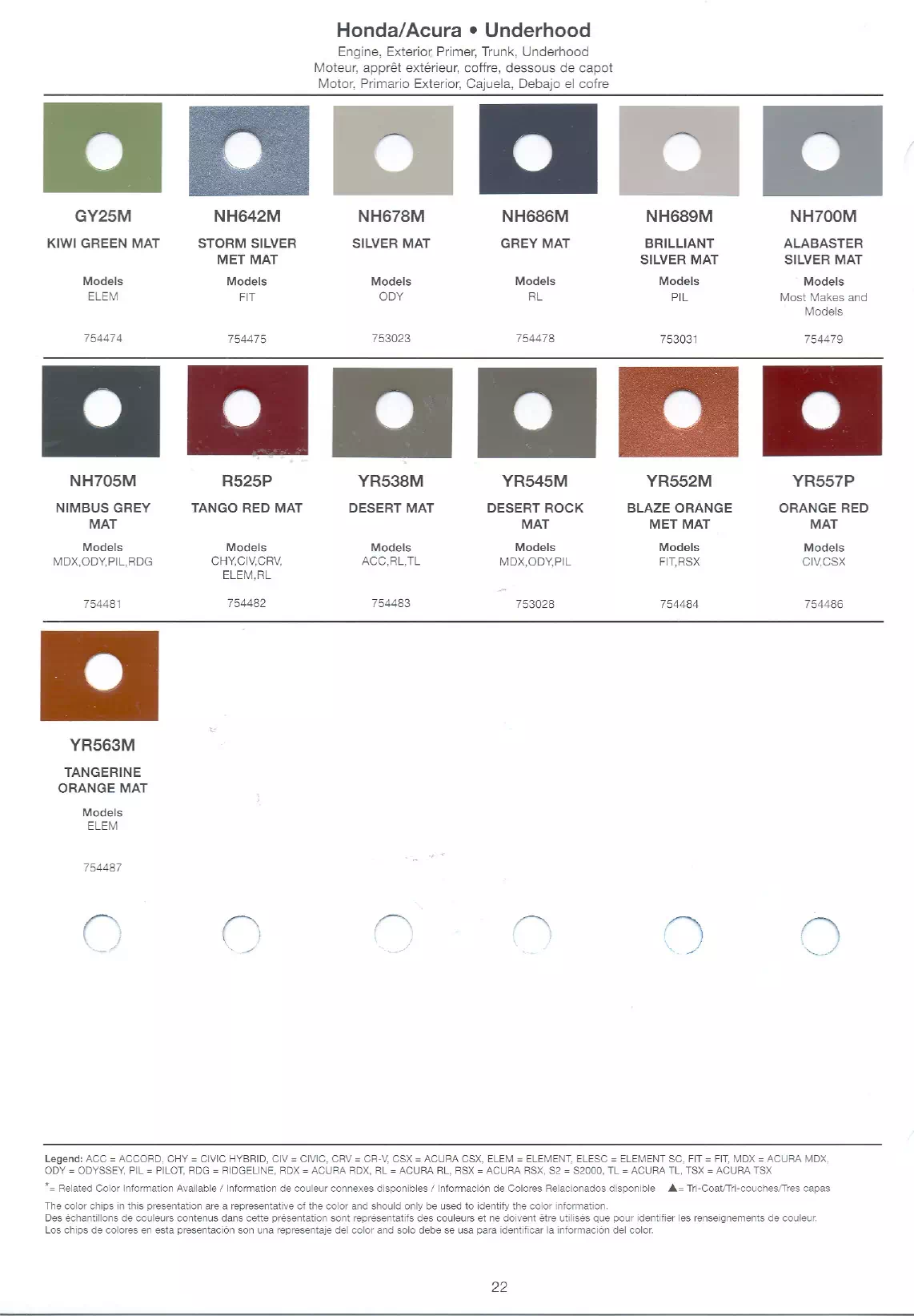 Exterior paint chips and their ordering codes for Honda and Acura Vehicles