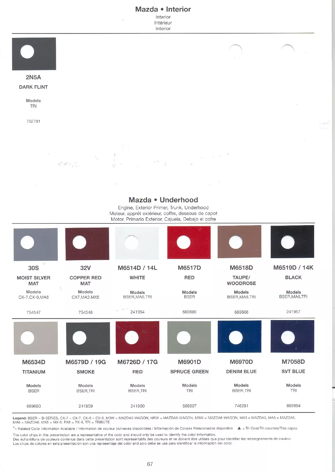 oem paint codes, color names, and paint swatches for 2007 Mazda automobiles.