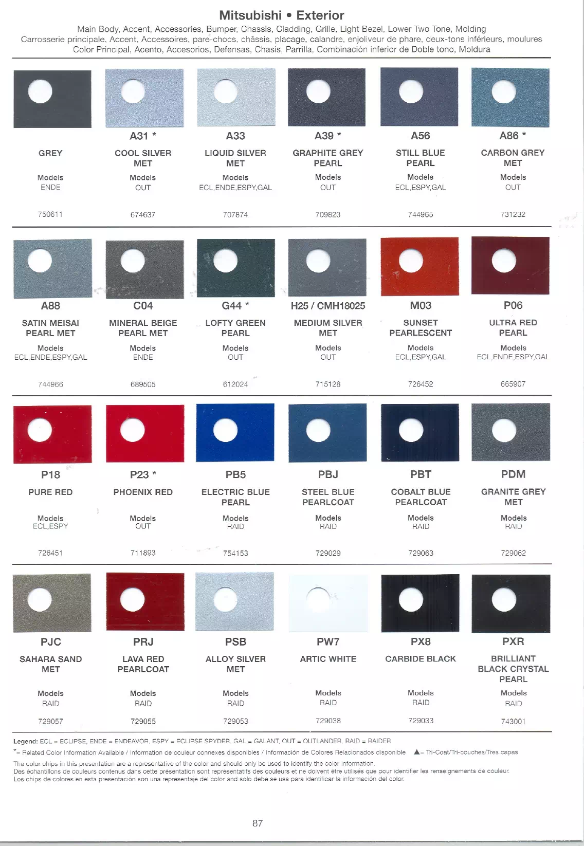 a paint code chart for 2007 Mitsubishi vehicles showing the color code, color name and paint swatch.