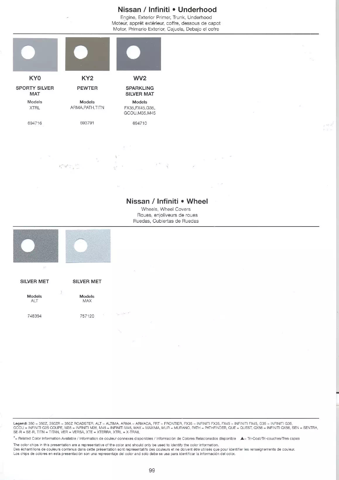 2007 Nissan & Infiniti Paint Codes & Color Chart Exterior paint colors for Nissan and Infiniti vehicles and their ordering codes and stock numbers