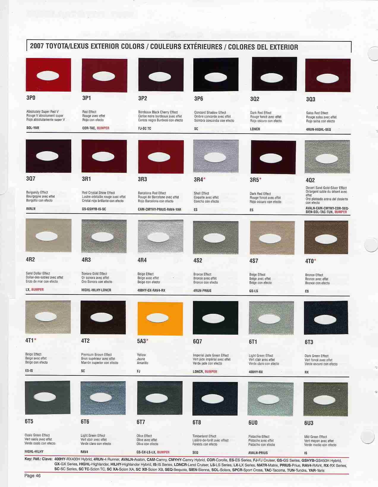 2007 Toyota, Lexus and Scion Paint Codes & Color Chart Toyota Paint Codes, Toyota Color Chart