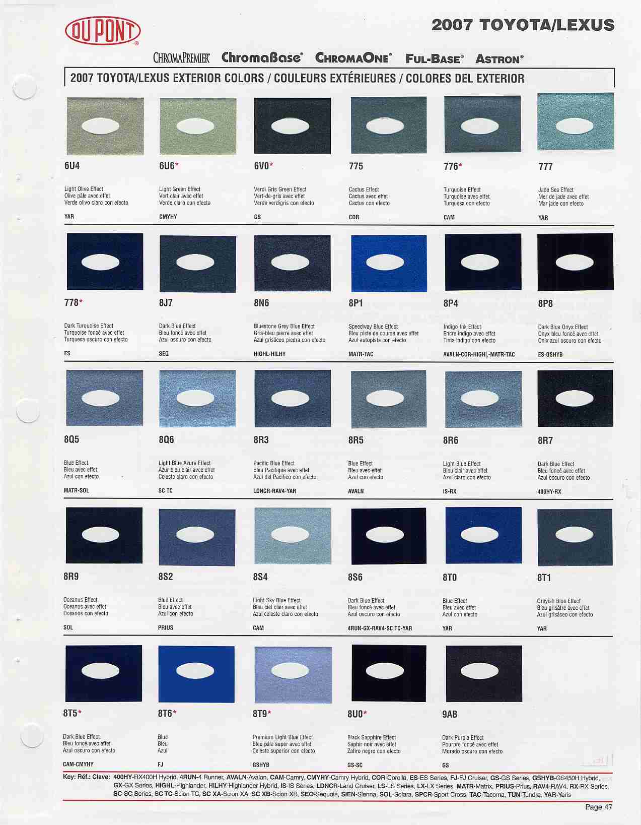 2007 Toyota, Lexus and Scion Paint Codes & Color Chart Toyota Paint Codes, Toyota Color Chart