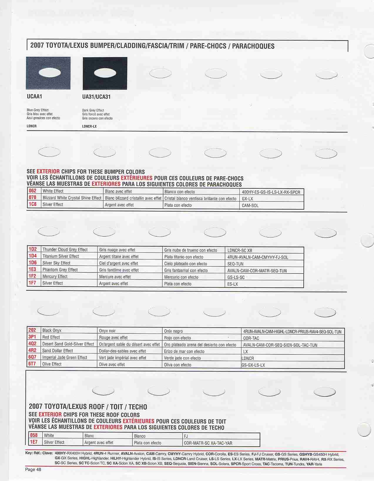 2007 Toyota, Lexus and Scion Paint Codes & Color Chart Toyota Paint Codes, Toyota Color Chart