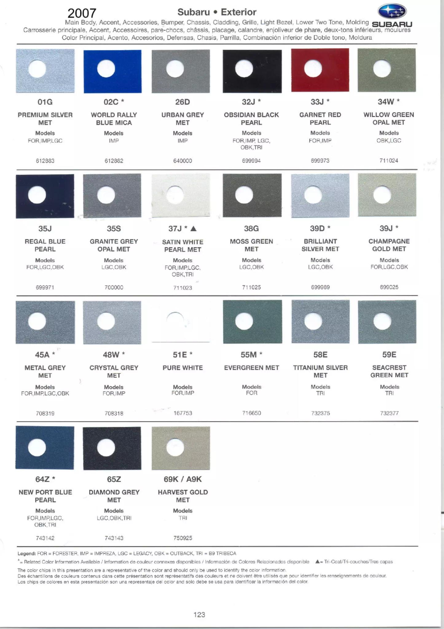 2007 Subaru Paint Chart and color codes Paint Color and Codes Used By Subaru
