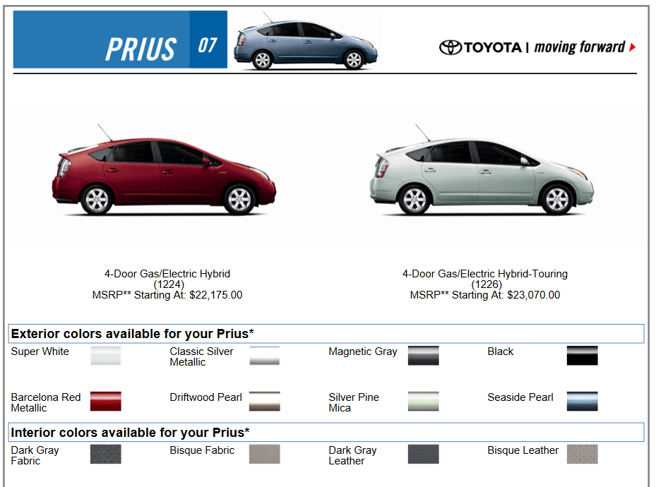 2007 Toyota Prius Paint Chart Exterior Paint Options for the Toyota Prius vehicle