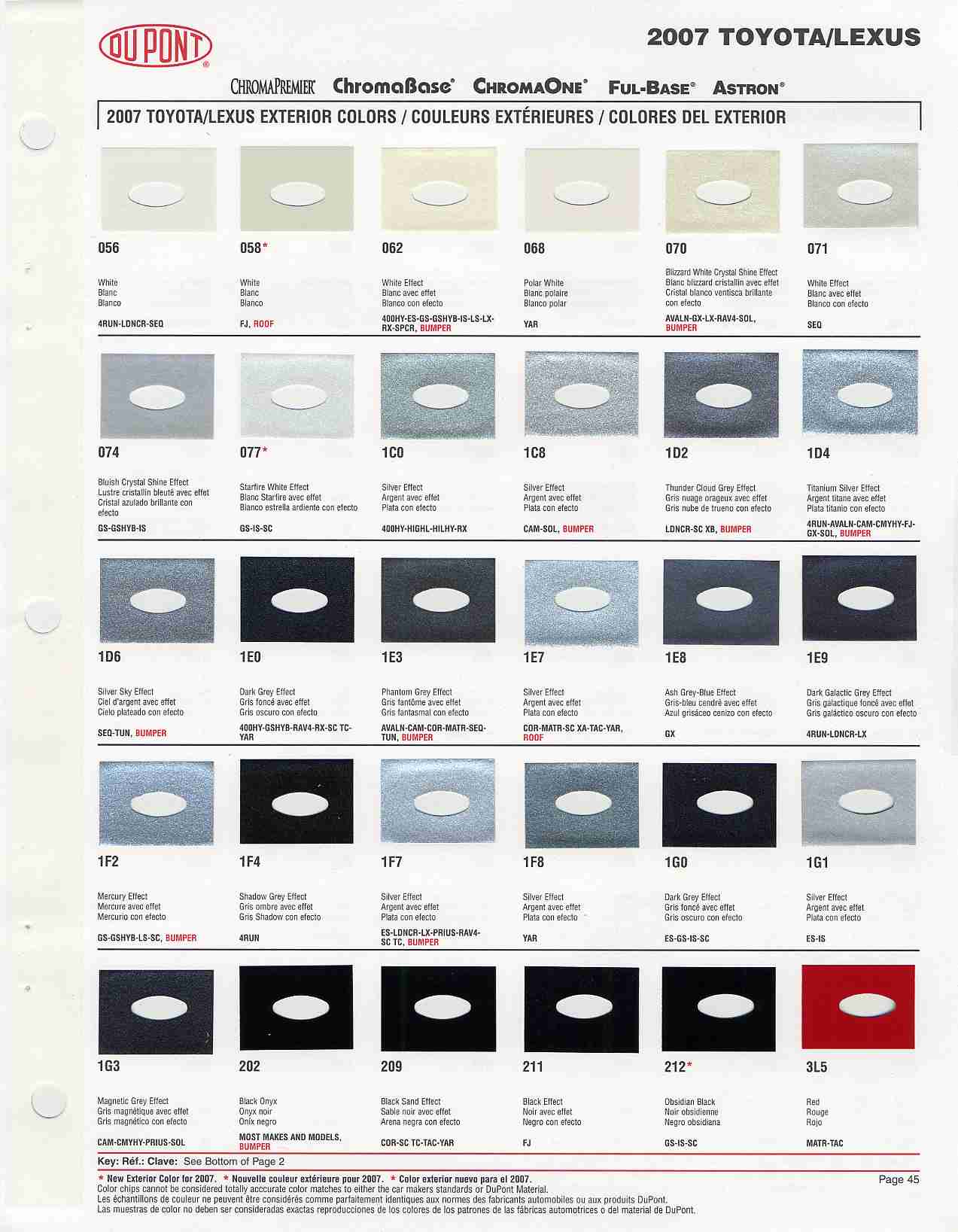2007 Toyota, Lexus and Scion Paint Codes & Color Chart Toyota Paint Codes, Toyota Color Chart