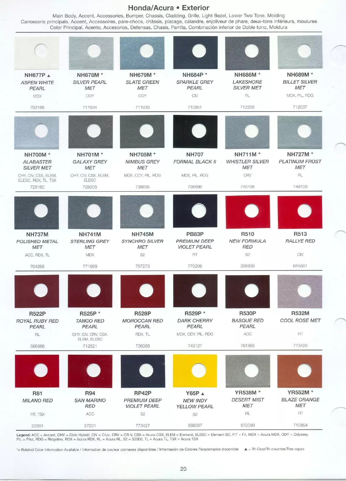 Exterior paint chips and their ordering codes for Honda and Acura Vehicles