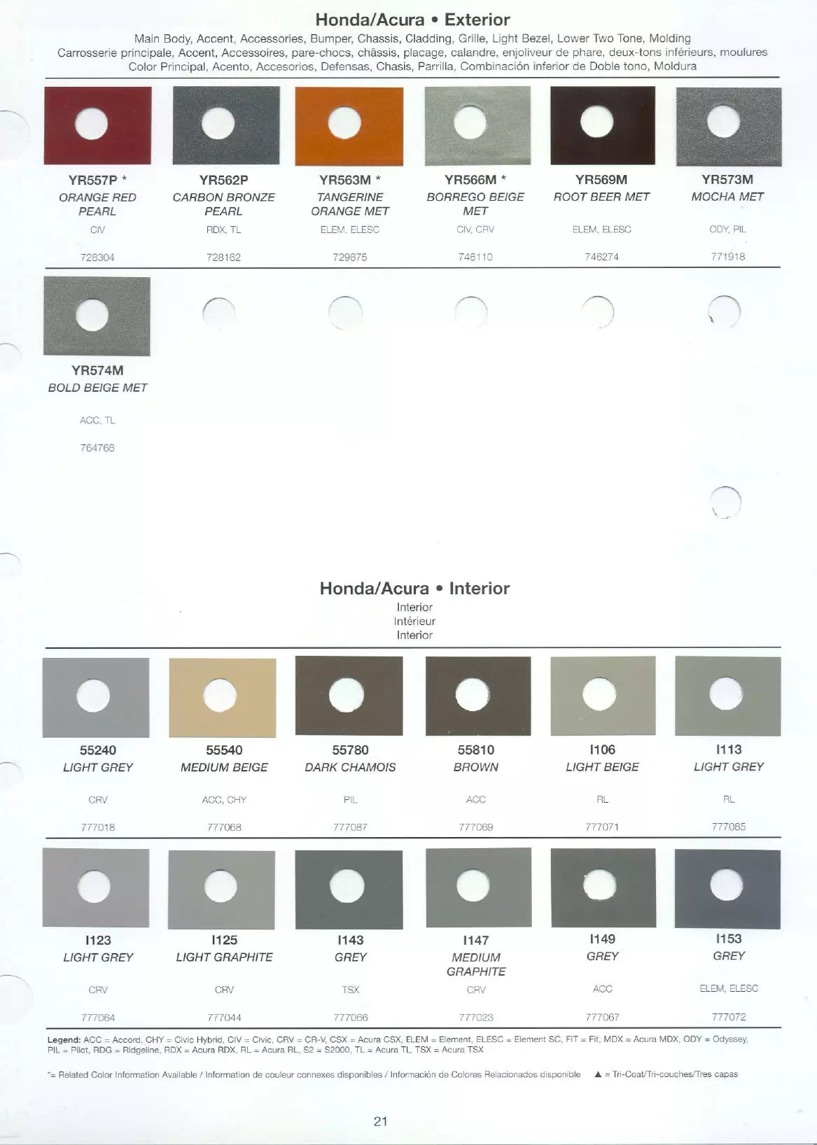 Exterior paint chips and their ordering codes for Honda and Acura Vehicles